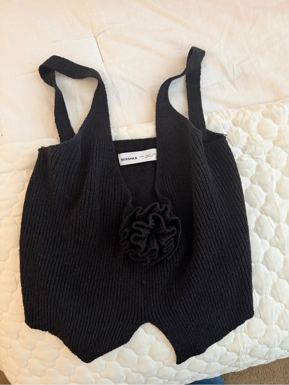 Bershka Black Ribbed Knit Tank with Floral Applique
